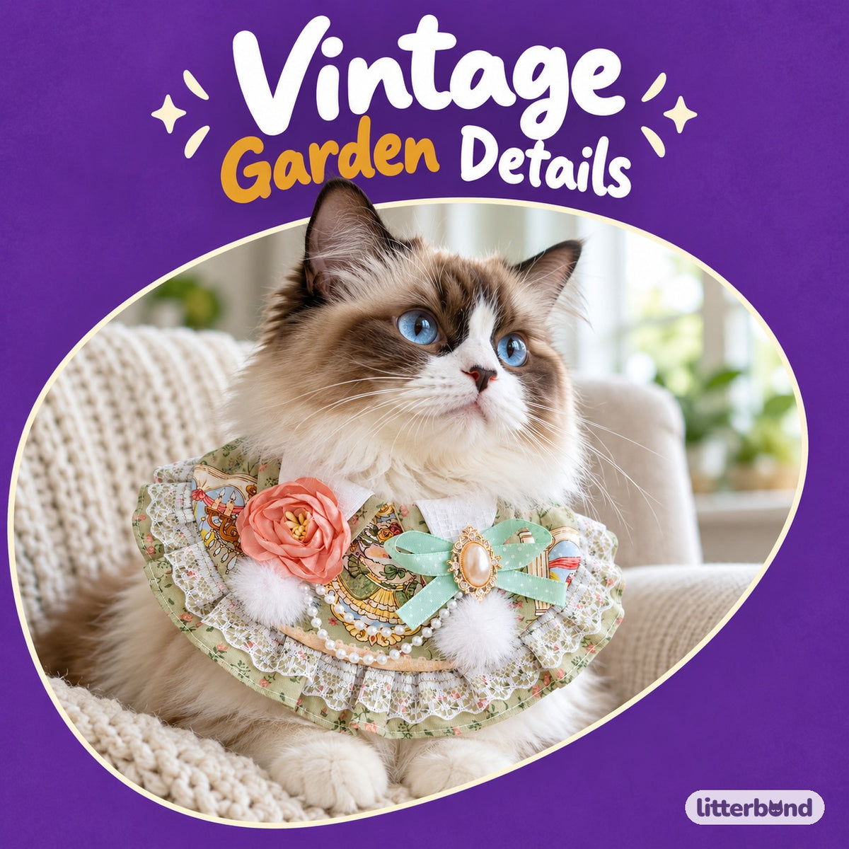 Sage Camellia Pearl Bib on a cat