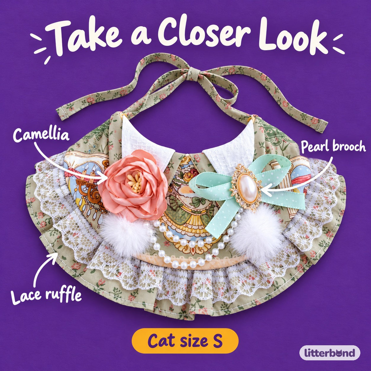 Sage Camellia Pearl Bib - close-up details