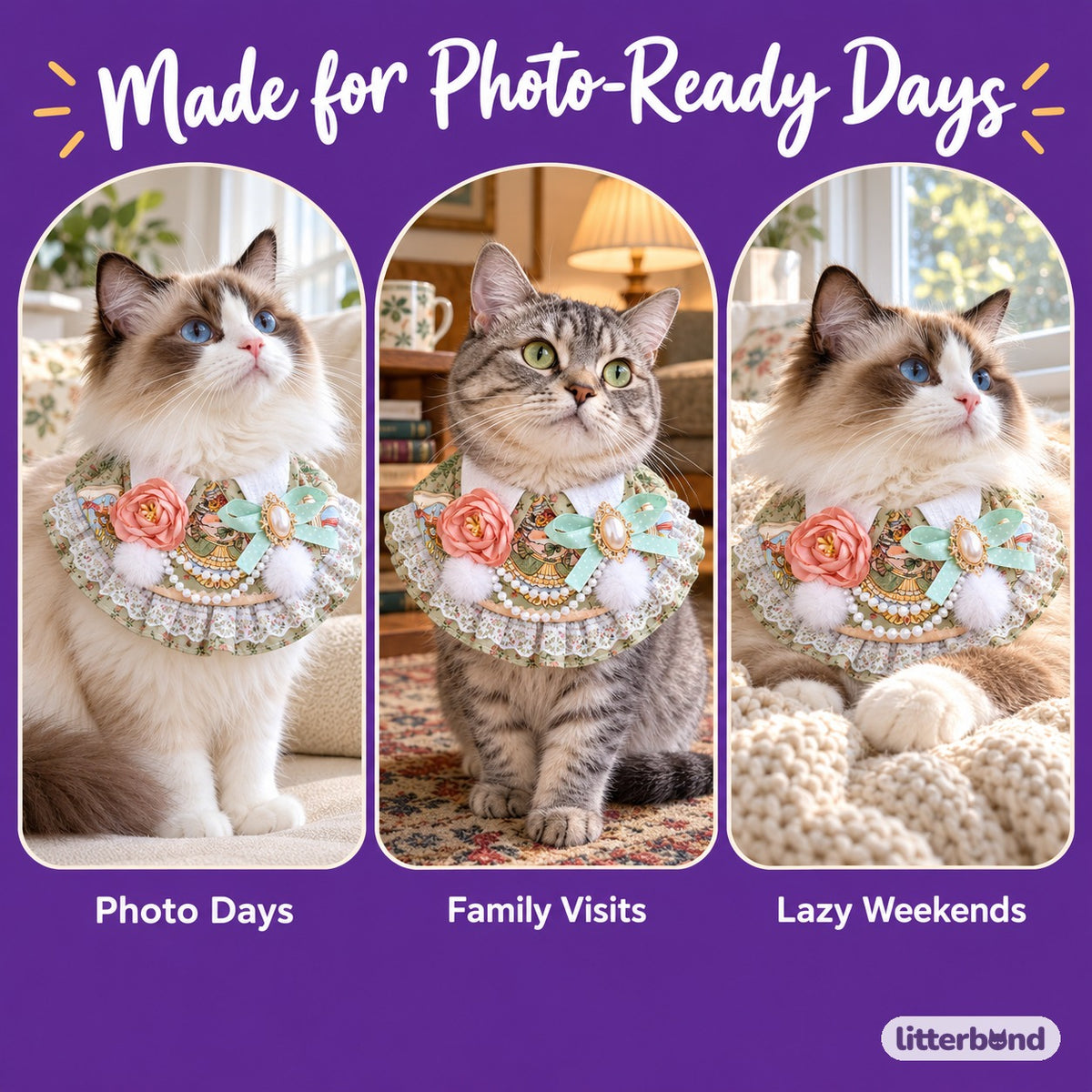 Sage Camellia Pearl Bib on a cat at home