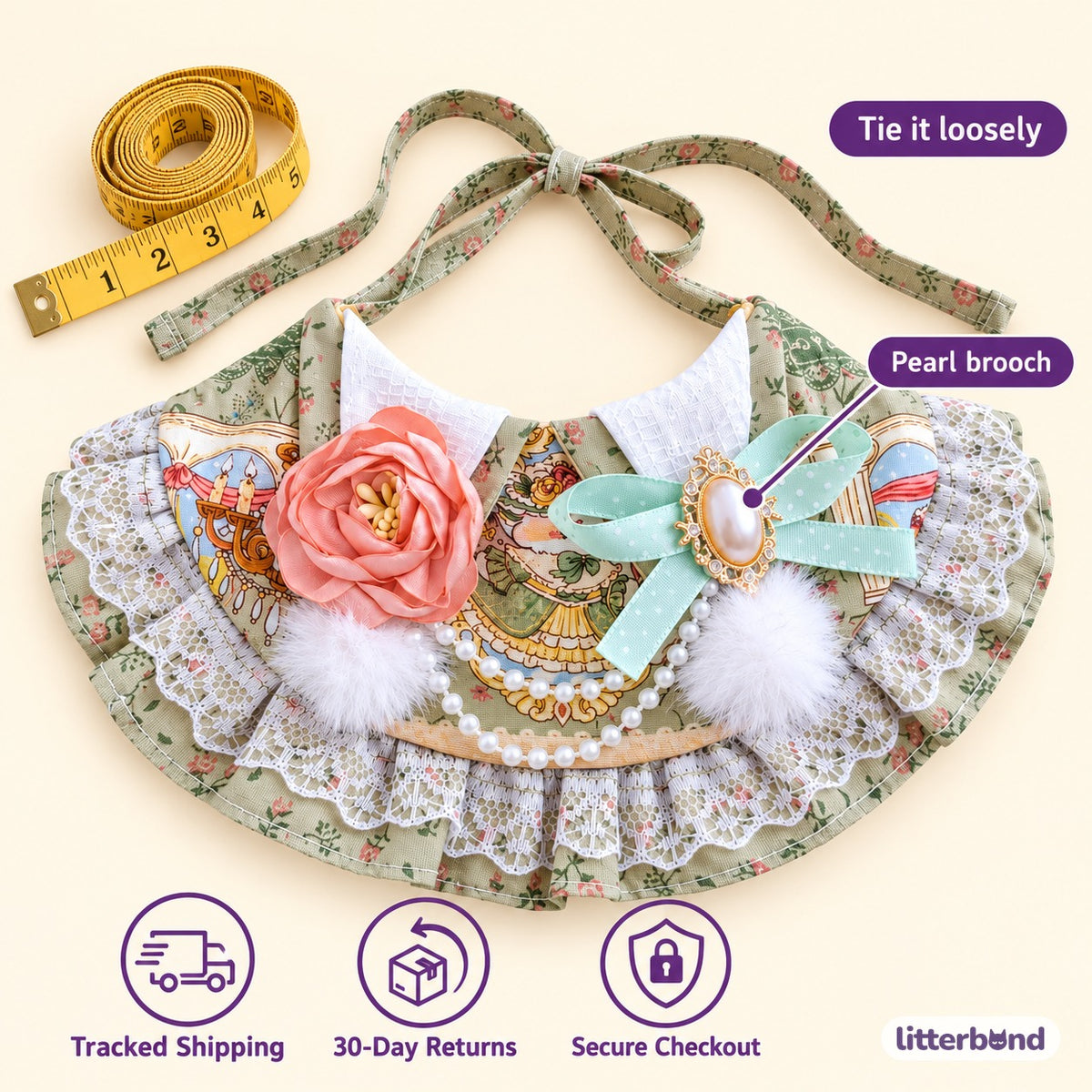 Sage Camellia Pearl Bib - size and details