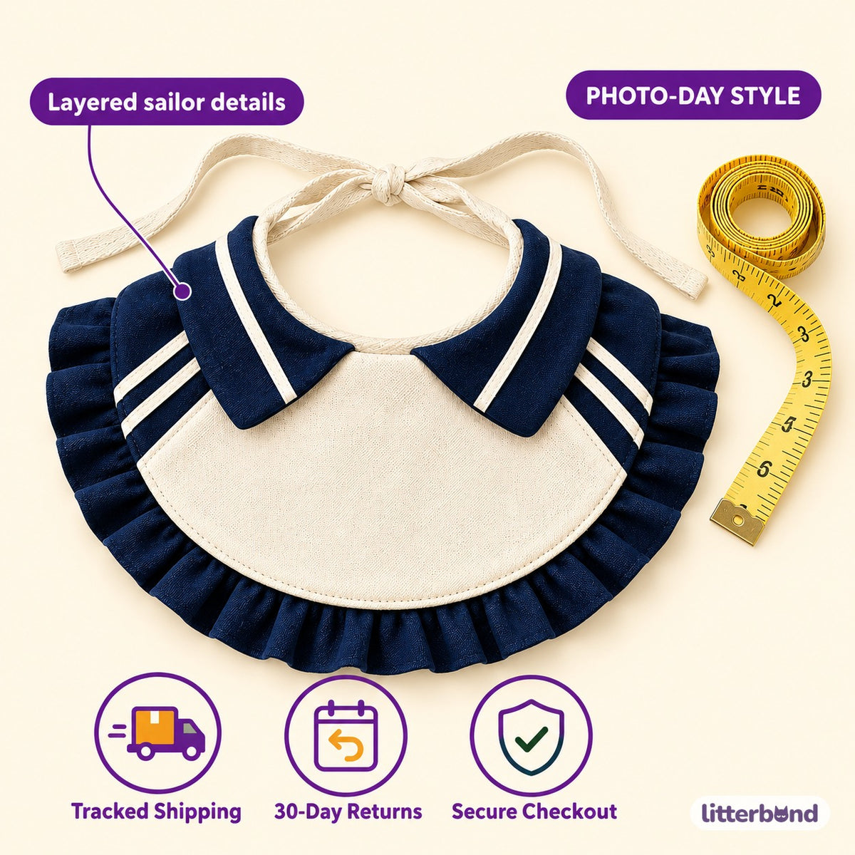 Navy Sailor Ruffle Bib - size and details