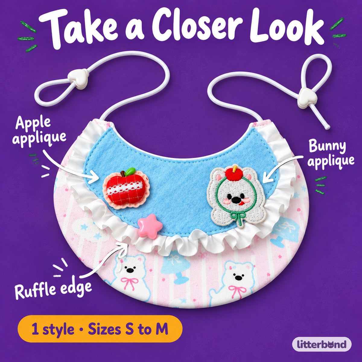 Blue Apple Bunny Bib for Photos - close-up details