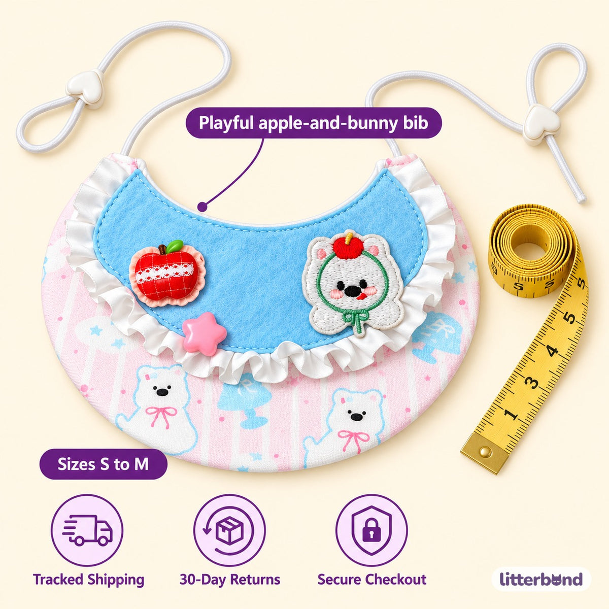 Blue Apple Bunny Bib for Photos - size and details