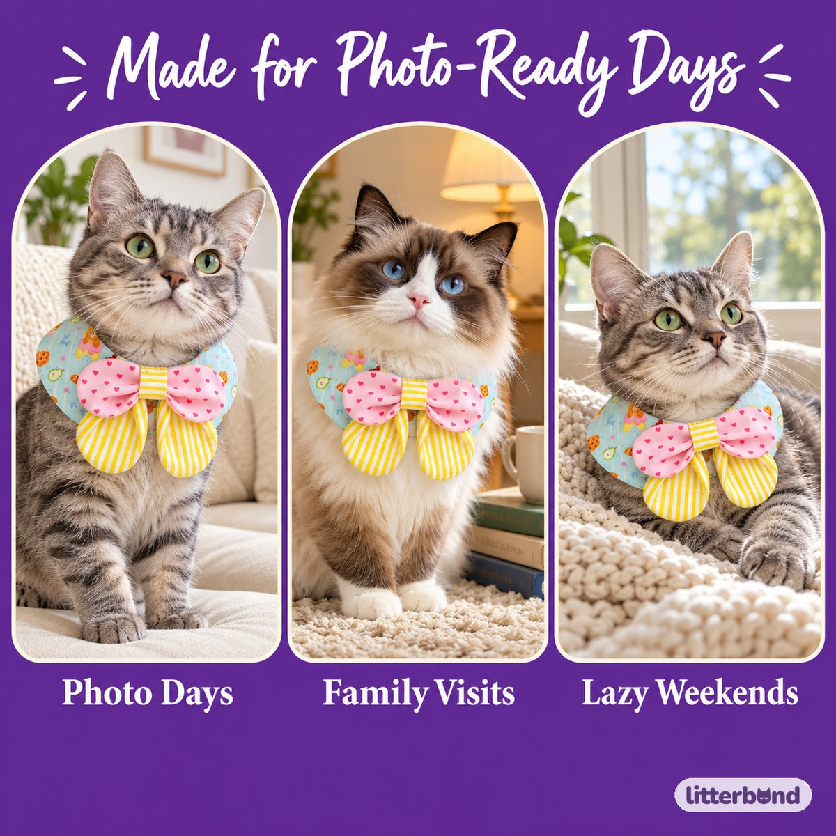 Pastel Print Tie-On Bib on a cat at home