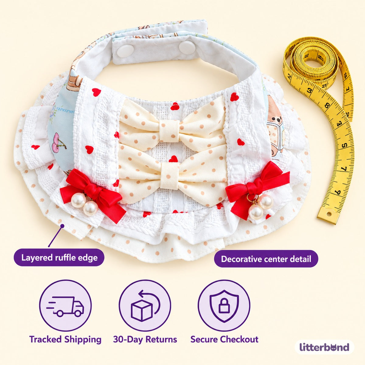 Pearl Bow Dessert Bibs - size and details