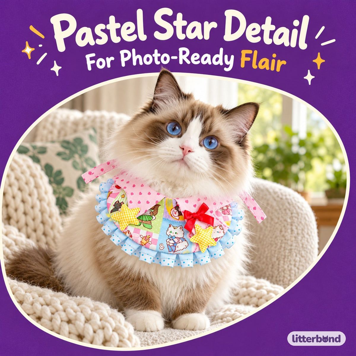 Pastel Star Ruffle Bib on a cat
