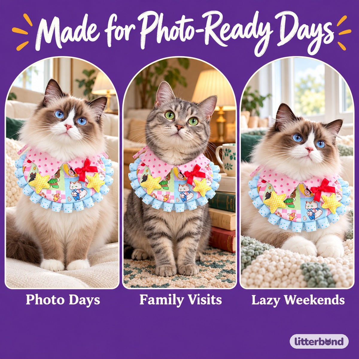 Pastel Star Ruffle Bib on a cat at home