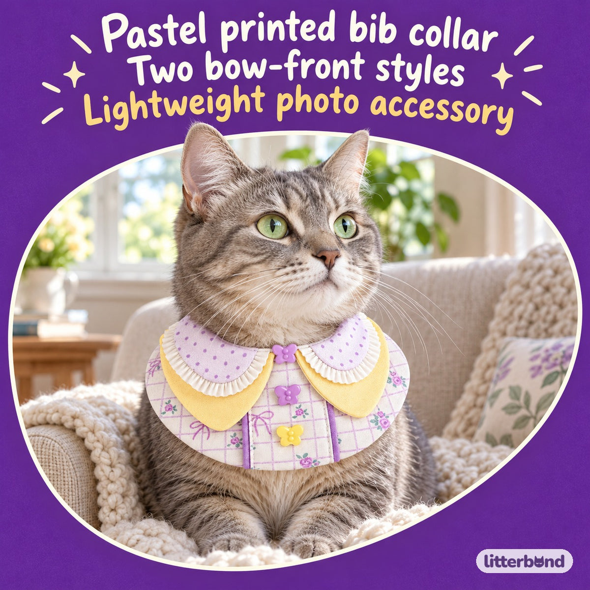 Lavender Bow Bib Collar for Photos on a cat
