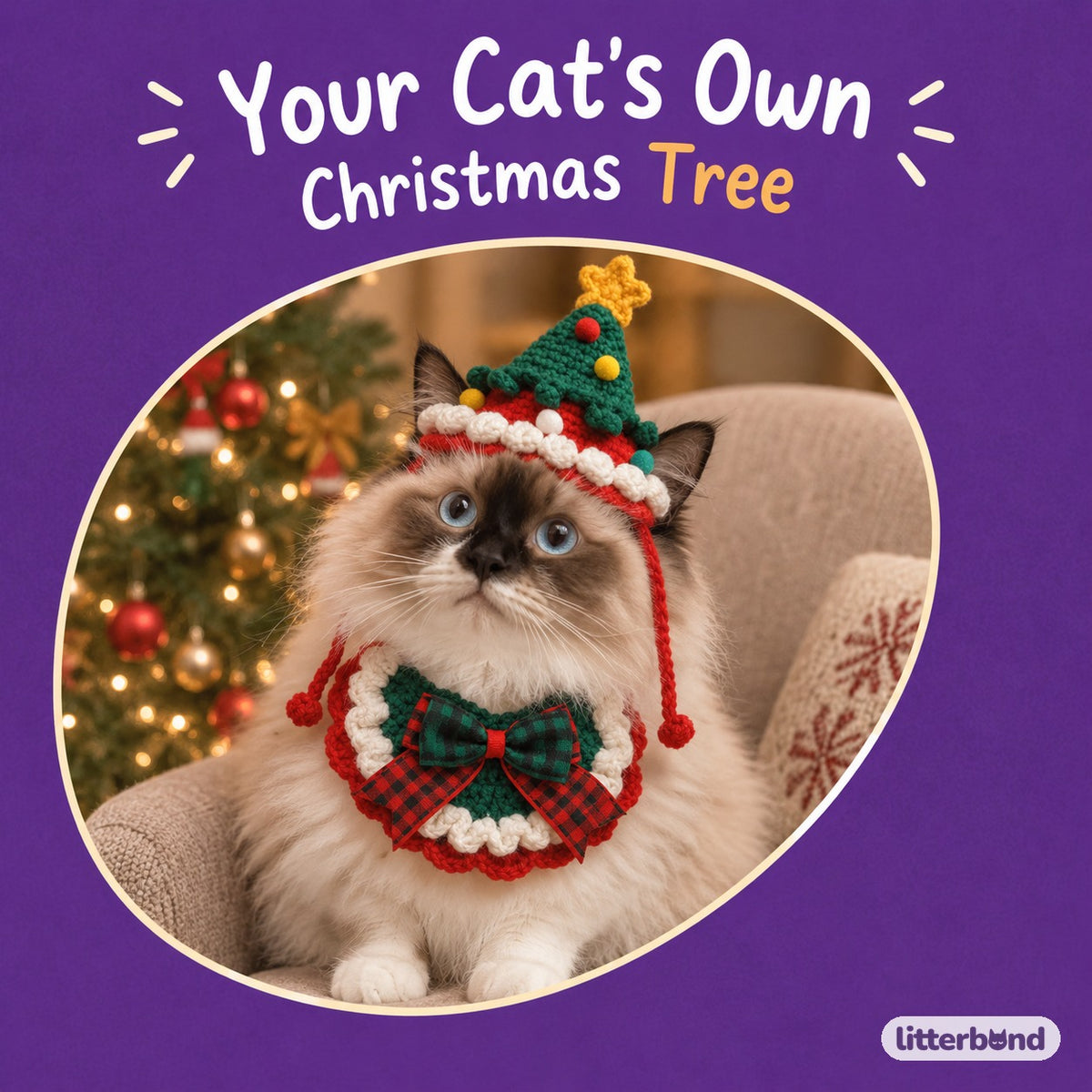 Star-Top Tree Hat & Collar Set on a cat