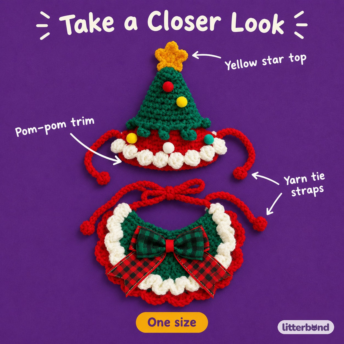 Star-Top Tree Hat & Collar Set - close-up details