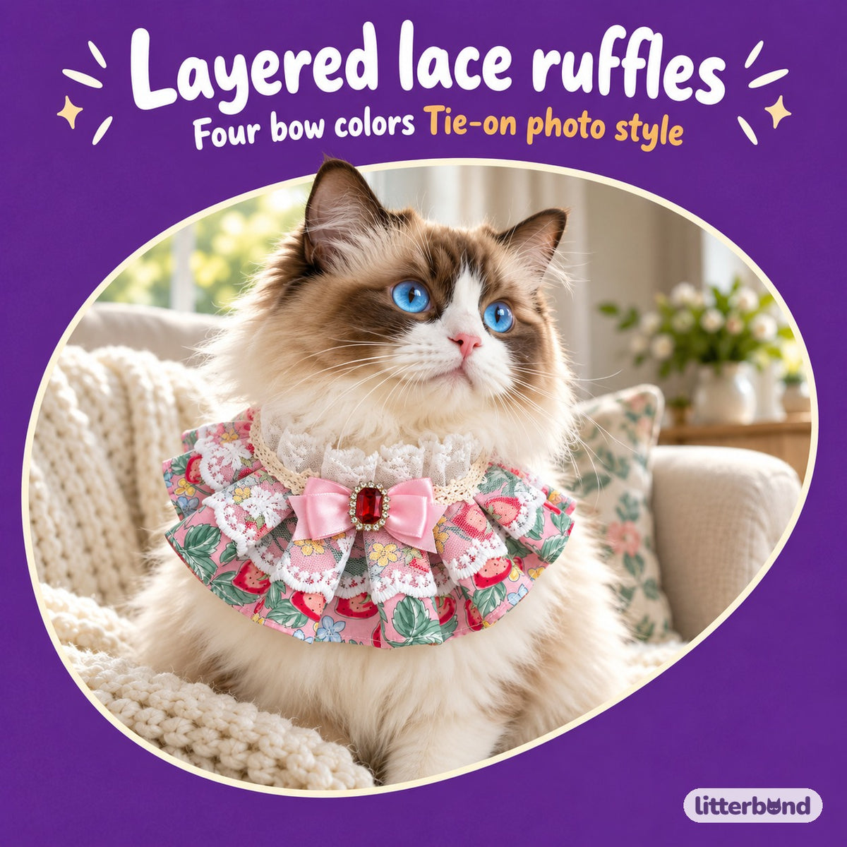 Floral Satin Bow Bib for Photos on a cat