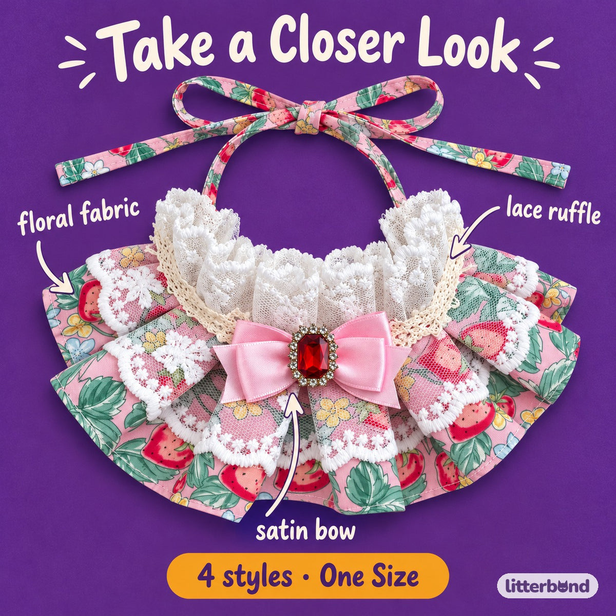 Floral Satin Bow Bib for Photos - close-up details