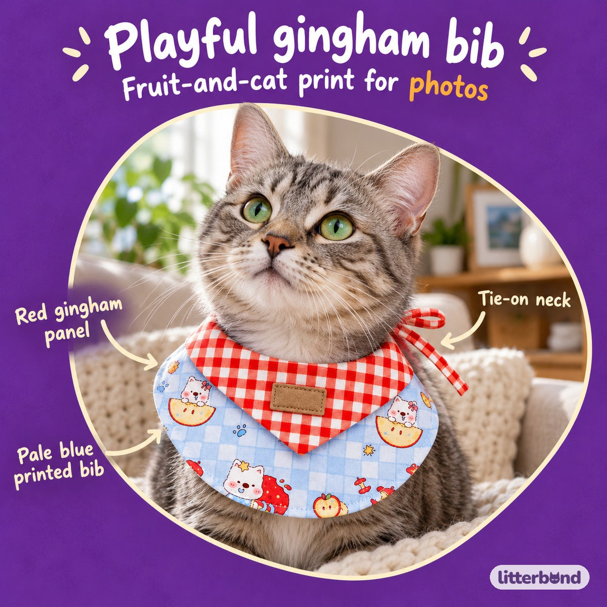Red Gingham Cat Print Bib Collar for Photos on a cat
