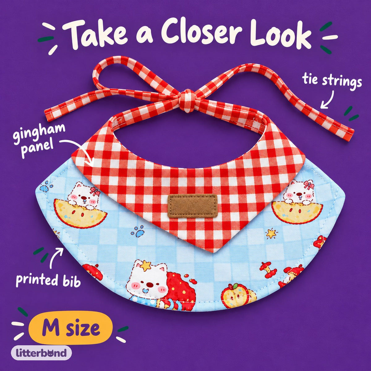 Red Gingham Cat Print Bib Collar for Photos - close-up details