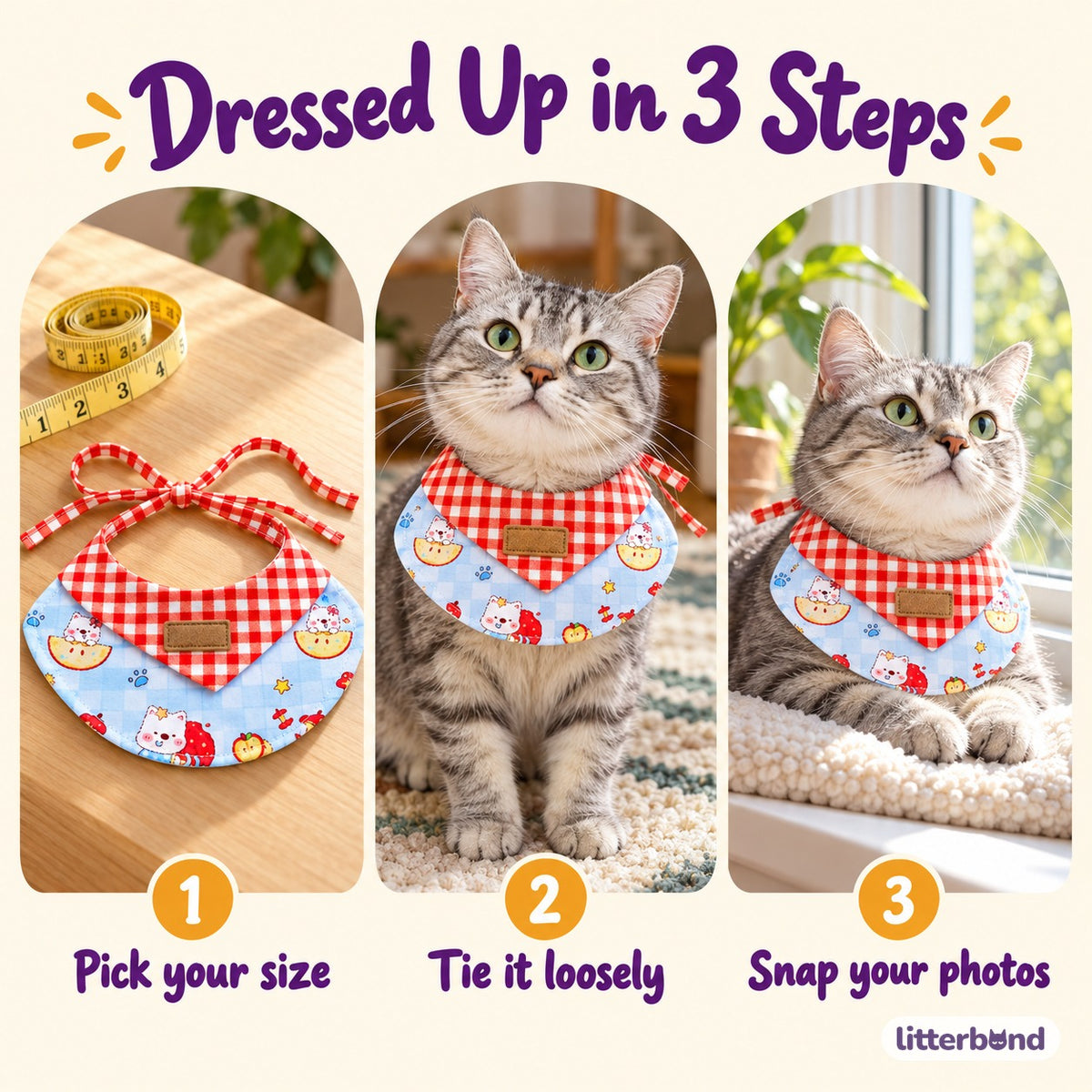 Red Gingham Cat Print Bib Collar for Photos - how to put it on