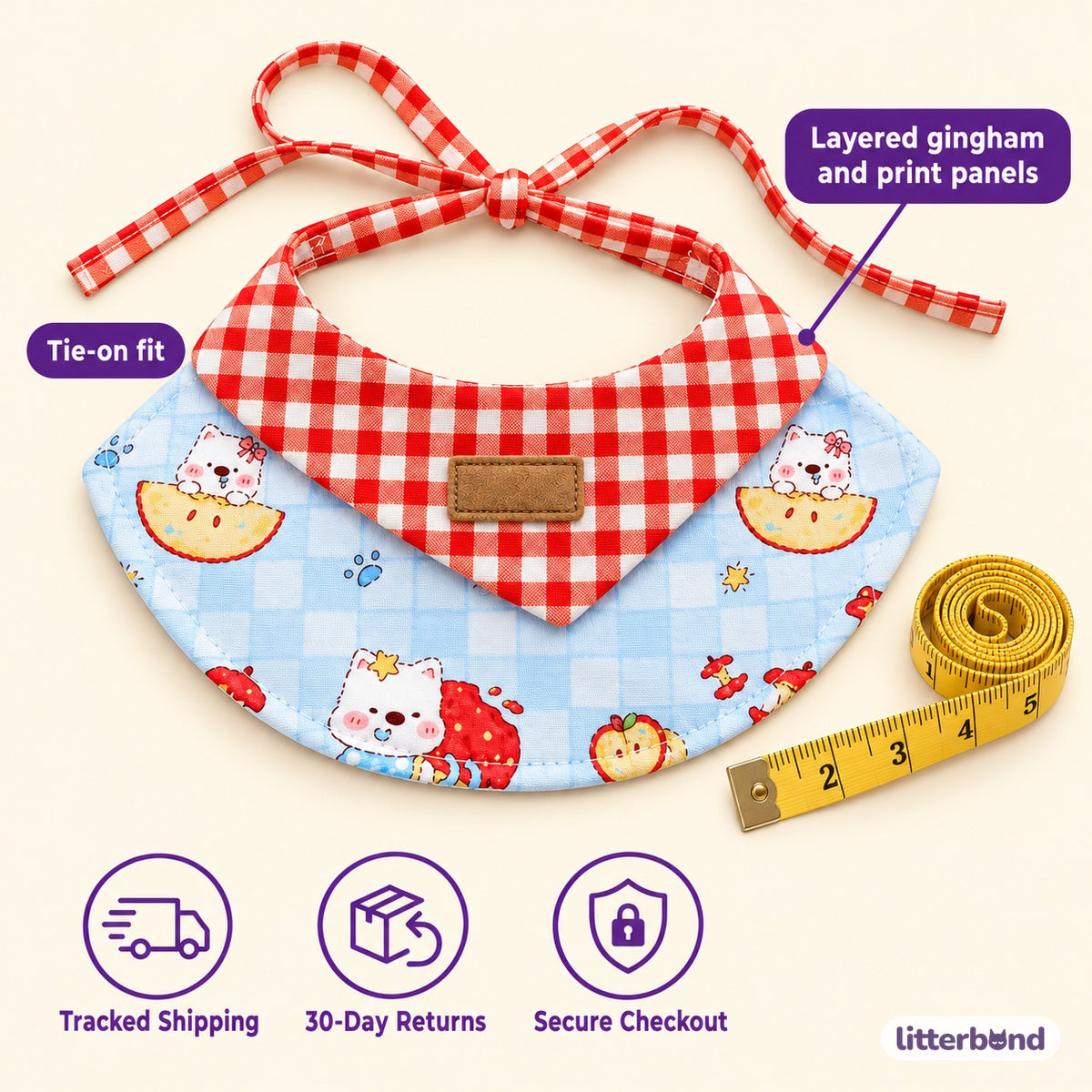 Red Gingham Cat Print Bib Collar for Photos - size and details