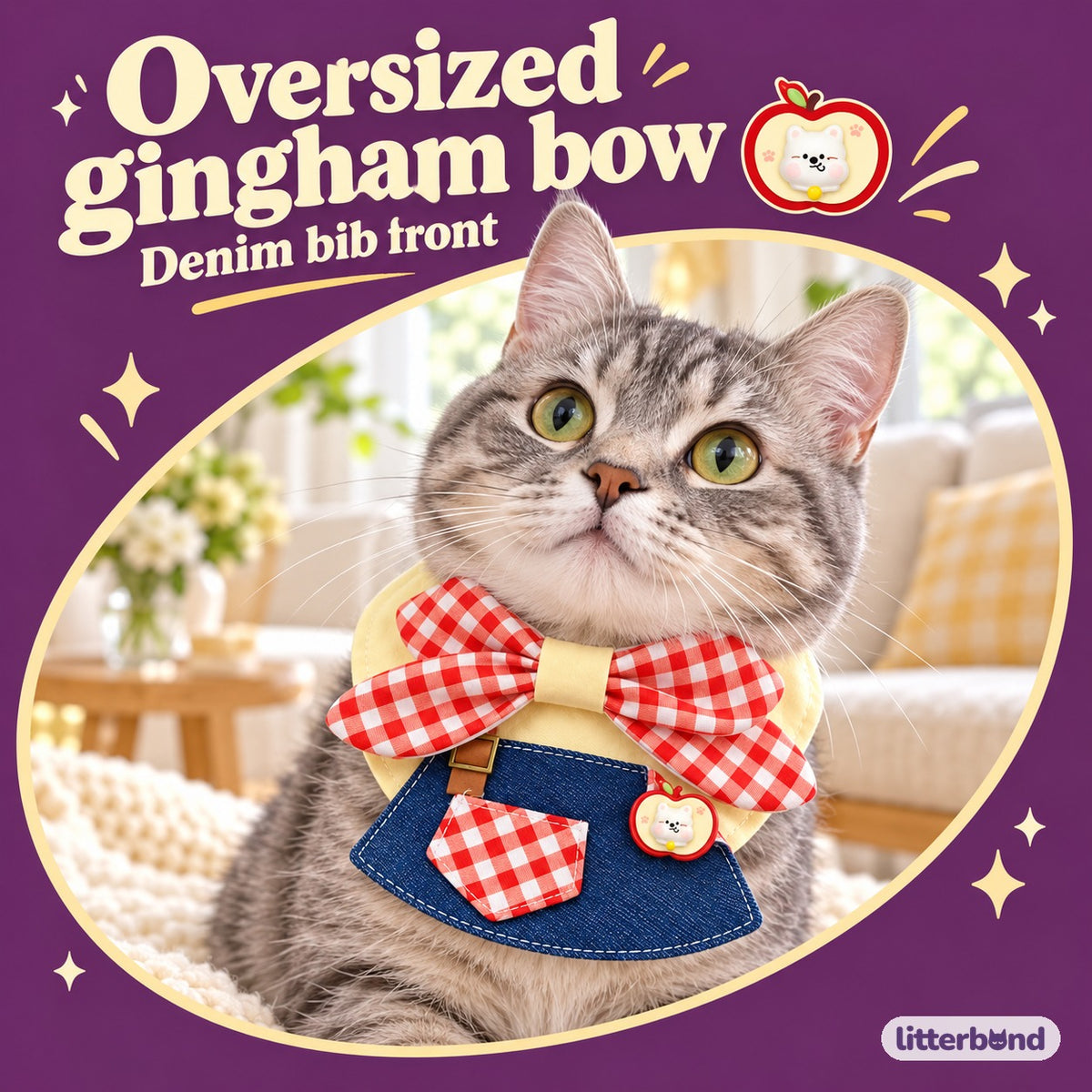 Apple Gingham Denim Bib on a cat