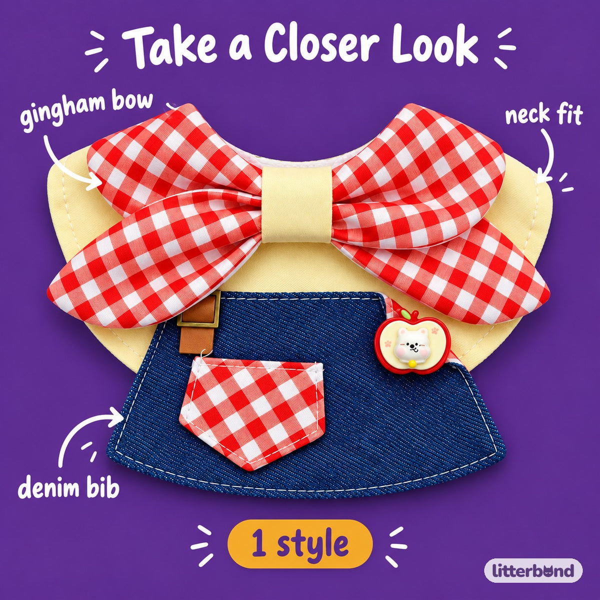 Apple Gingham Denim Bib - close-up details