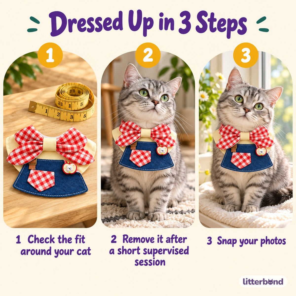 Apple Gingham Denim Bib - how to put it on