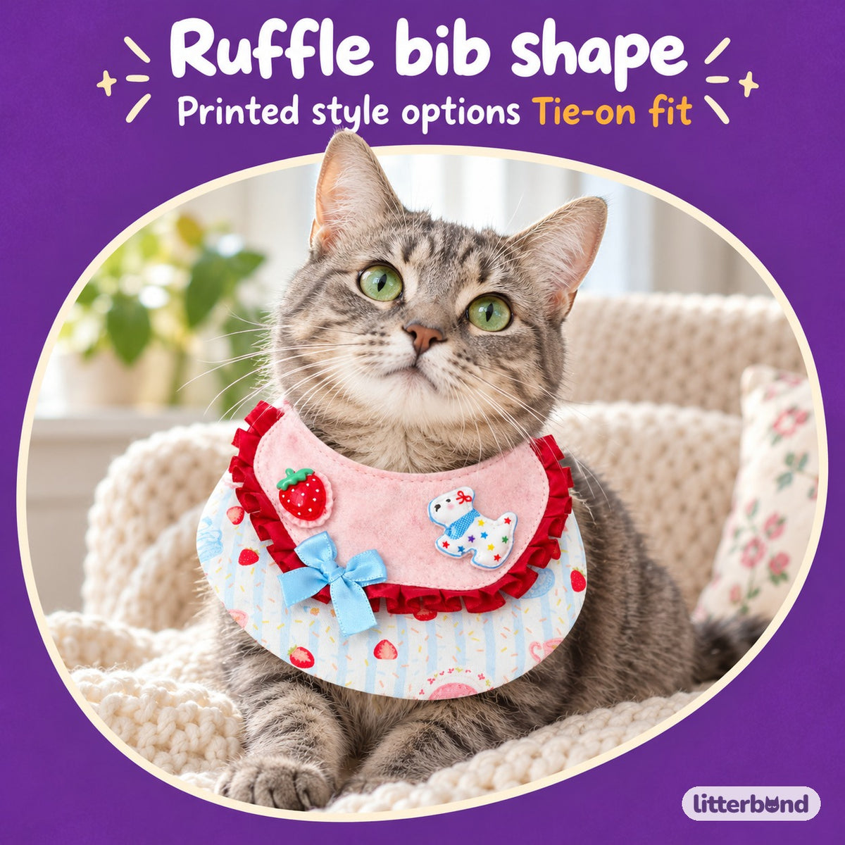Printed Ruffle Photo Bib on a cat