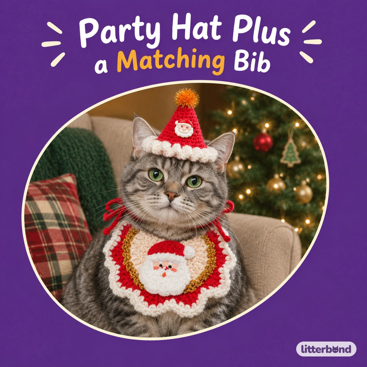 Tinsel Hat & Embroidered Bib Set on a cat