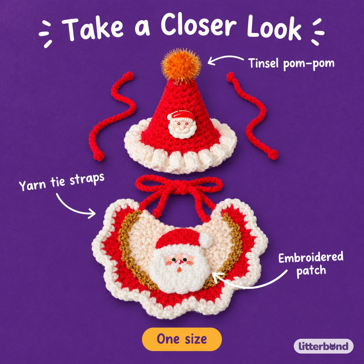 Tinsel Hat & Embroidered Bib Set - close-up details