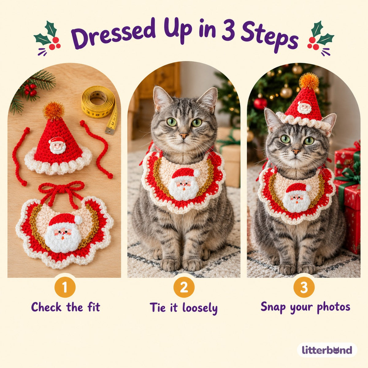 Tinsel Hat & Embroidered Bib Set - how to put it on