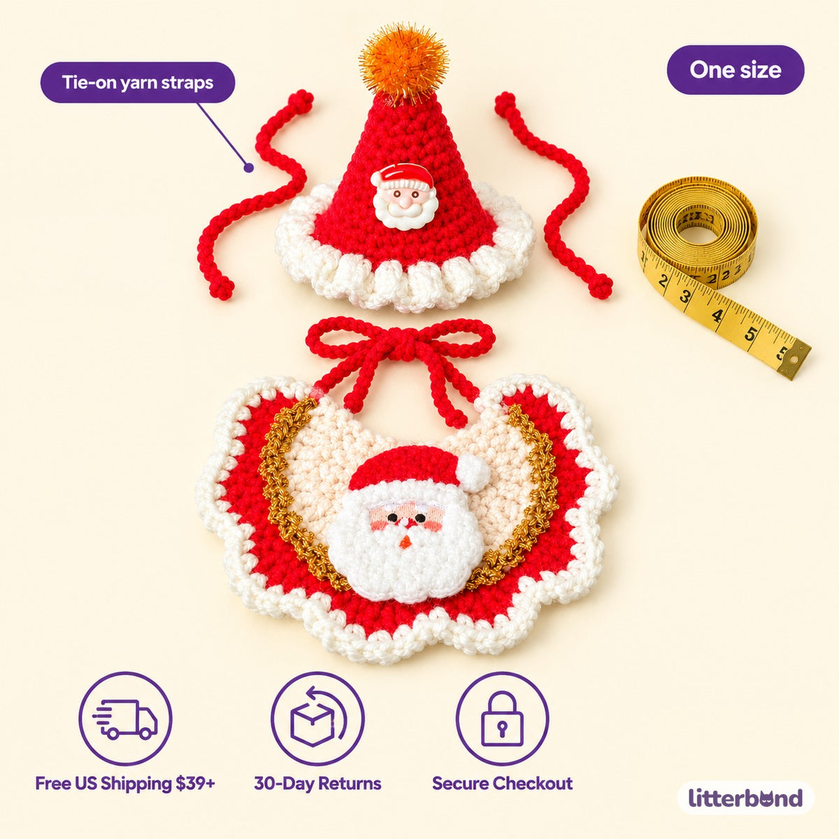 Tinsel Hat & Embroidered Bib Set - size and details
