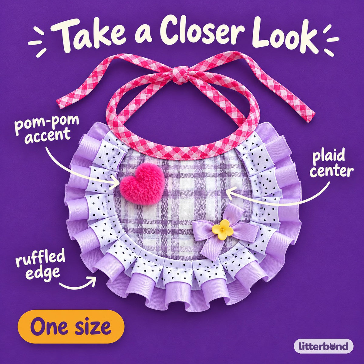 Purple Plaid Bib for Photos - close-up details