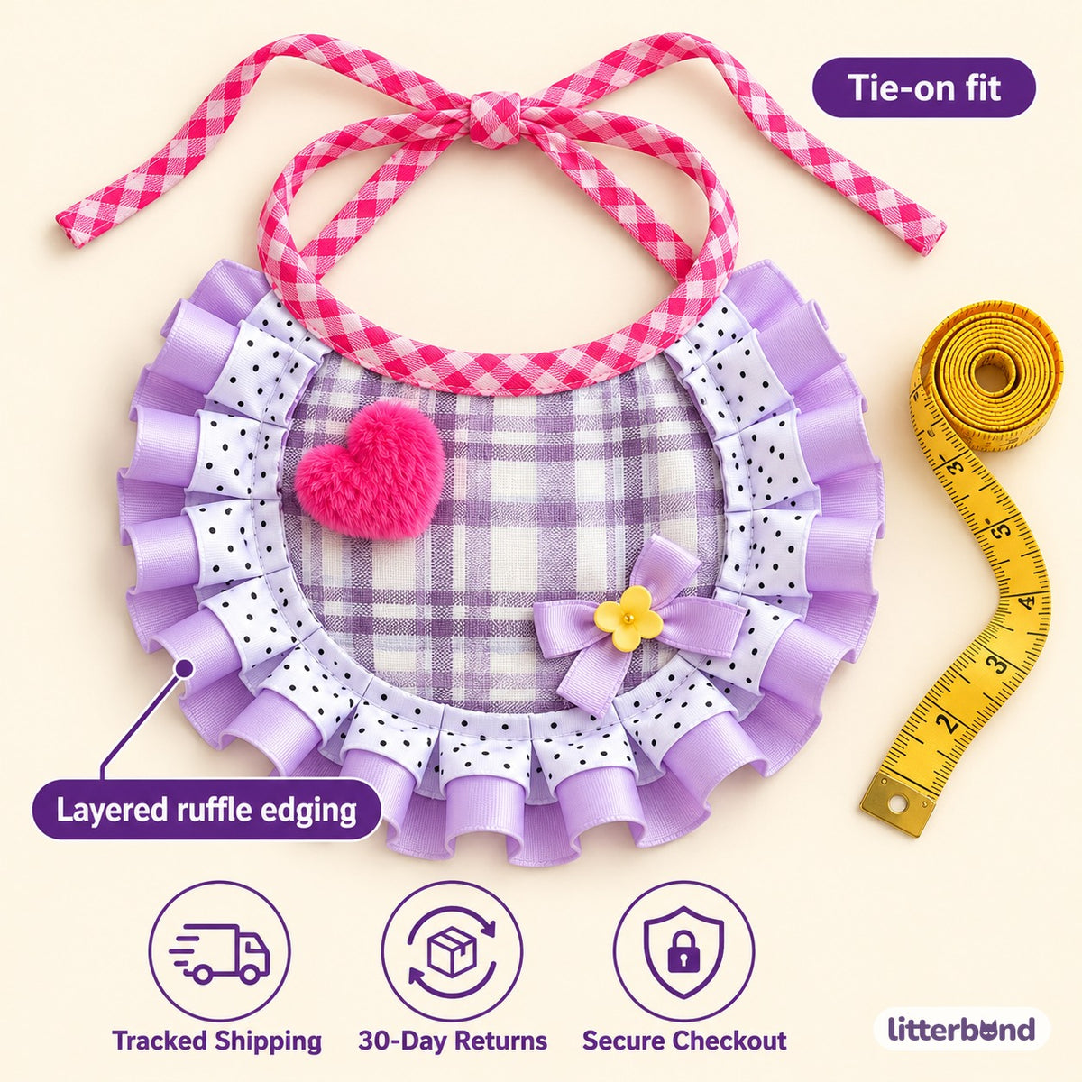 Purple Plaid Bib for Photos - size and details