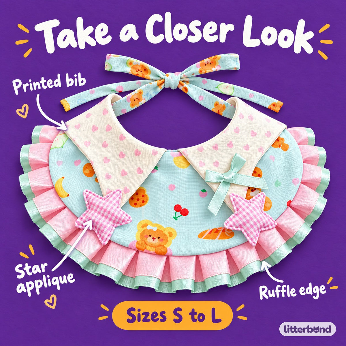 Pastel Star Ruffle Bib Collar - close-up details