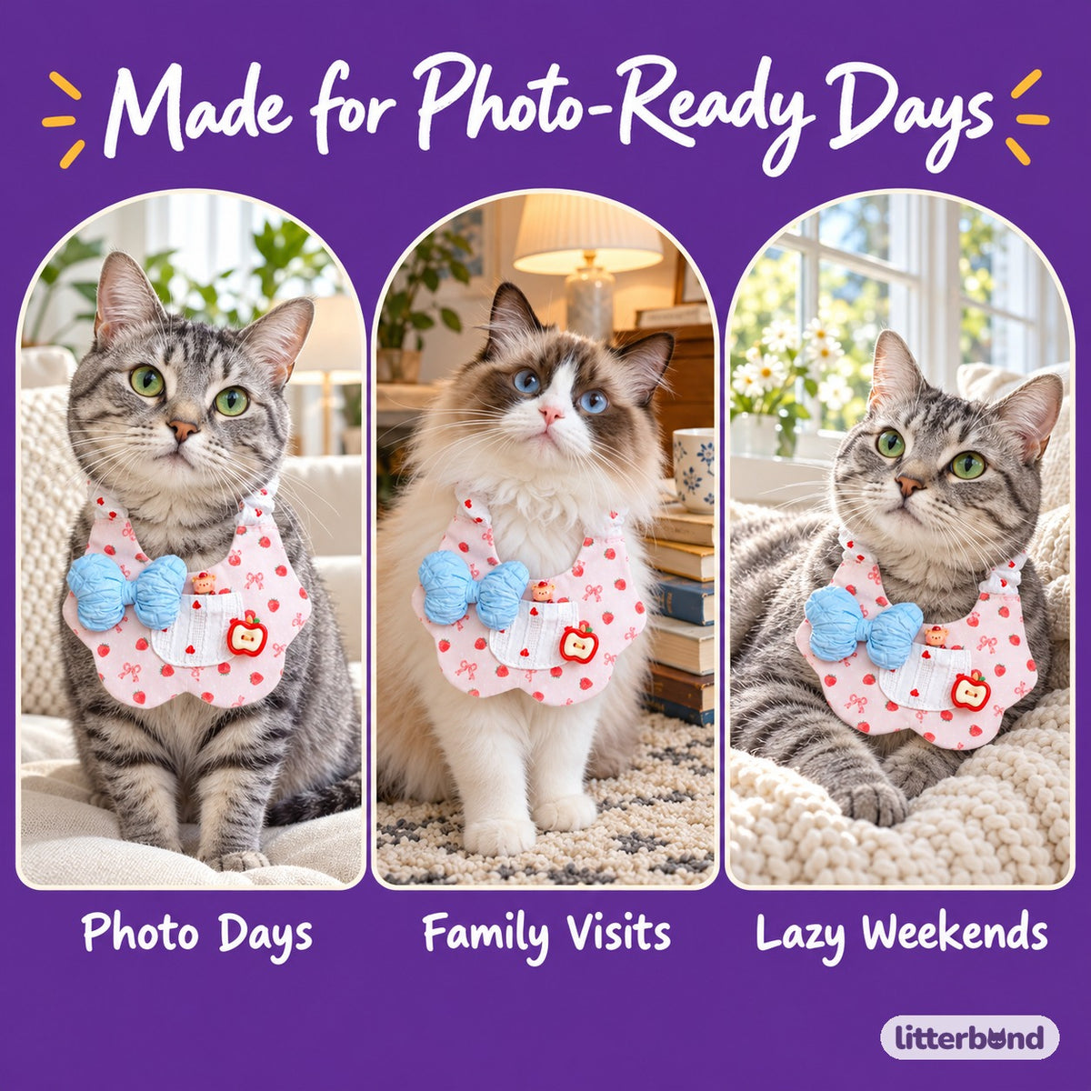 Pastel Bow Photo Bib on a cat at home