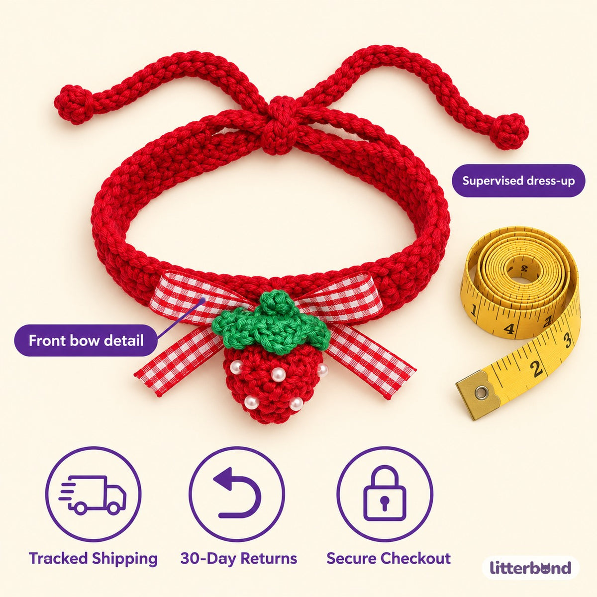 Red Bow Crochet Collar for Photos - size and details