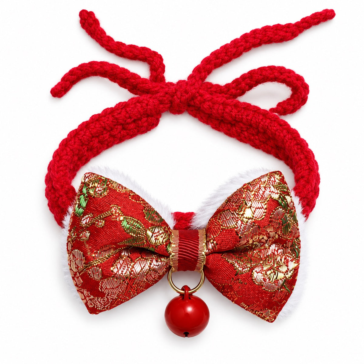 Red Bow Crochet Collar for Photos - Red Brocade Bow