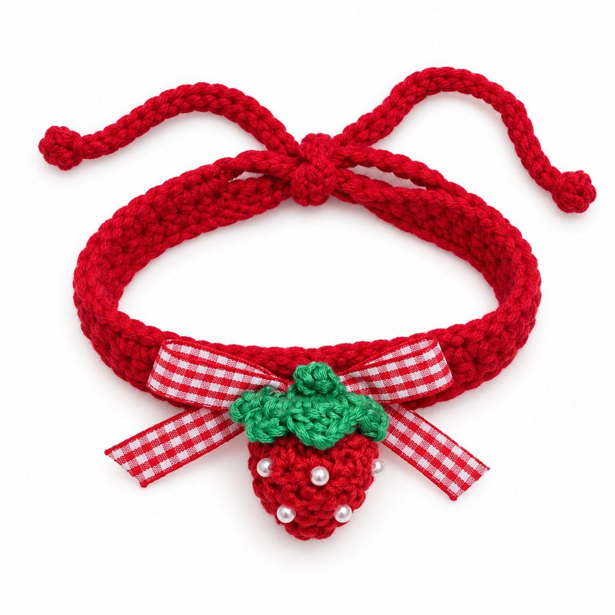 Red Bow Crochet Collar for Photos - Strawberry Gingham Bow