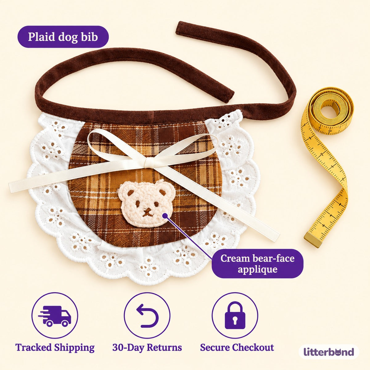 Plaid Bear Bib for Dog Photos - size and details