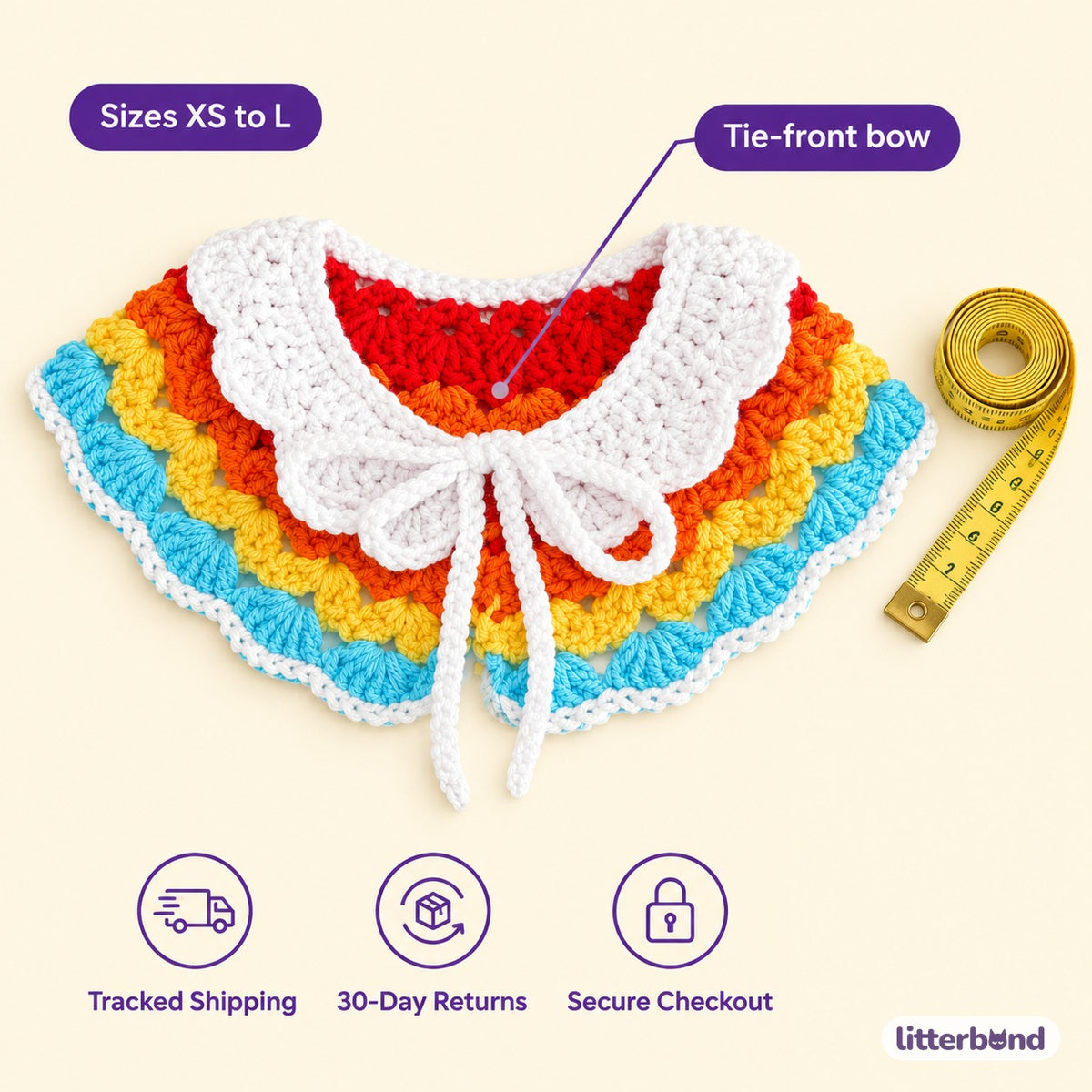 Rainbow Crochet Collar - size and details