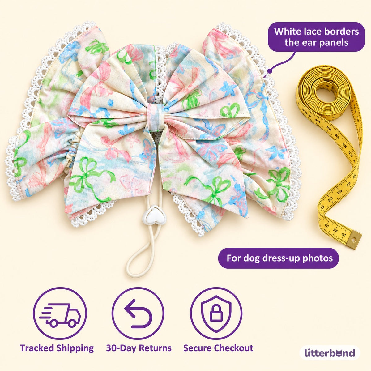 Bow Ear Covers for Dog Photos - size and details