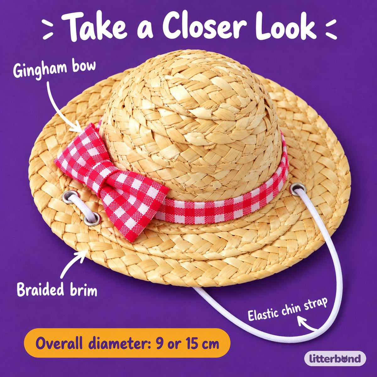 Gingham Straw Hat for Dog Photos - close-up details