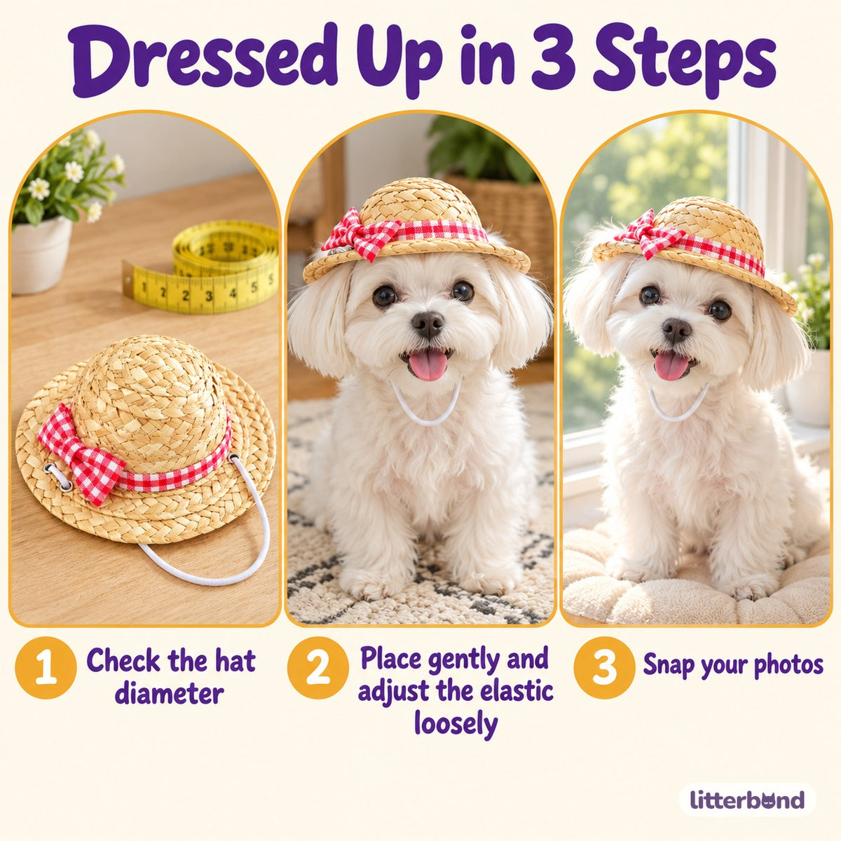 Gingham Straw Hat for Dog Photos - how to put it on
