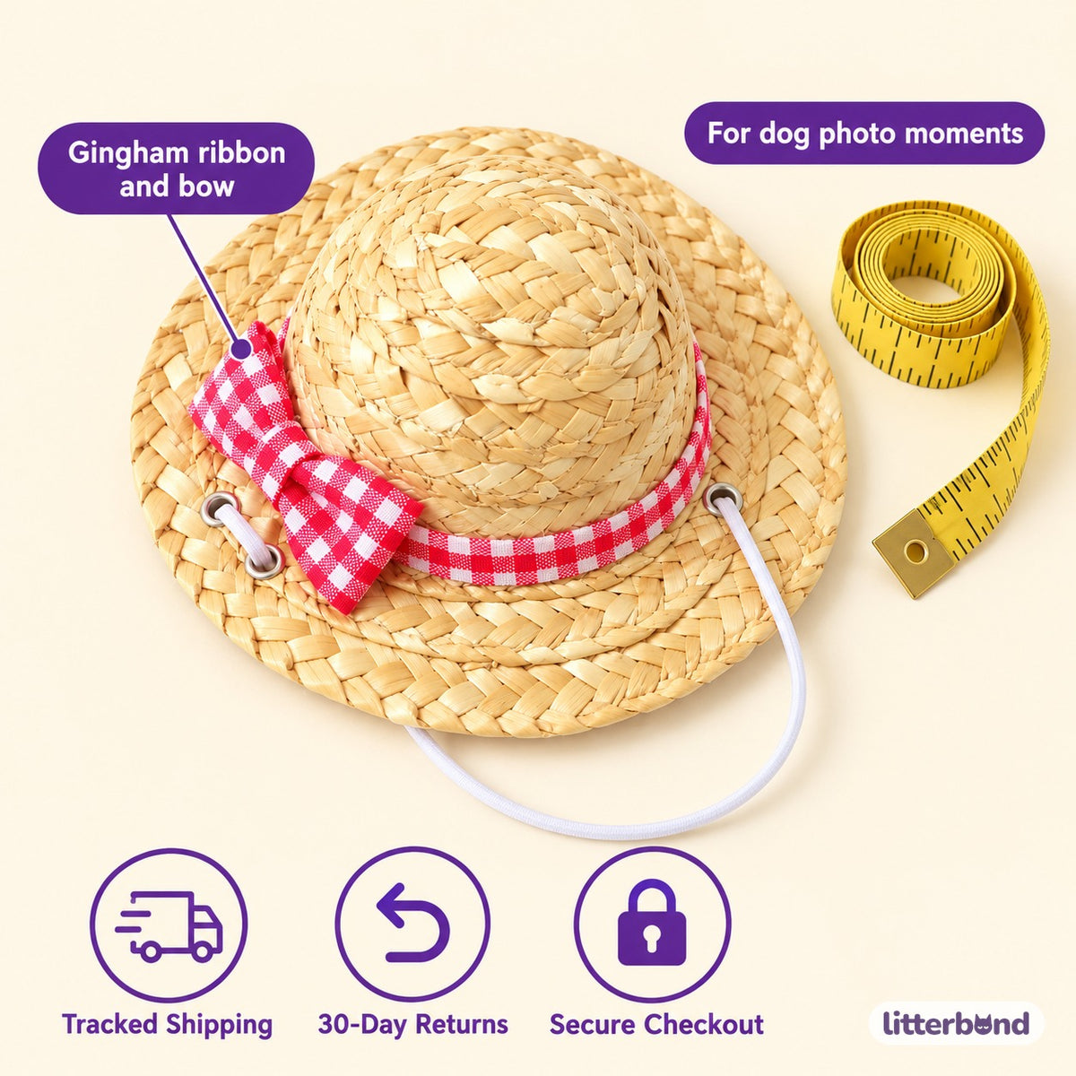 Gingham Straw Hat for Dog Photos - size and details