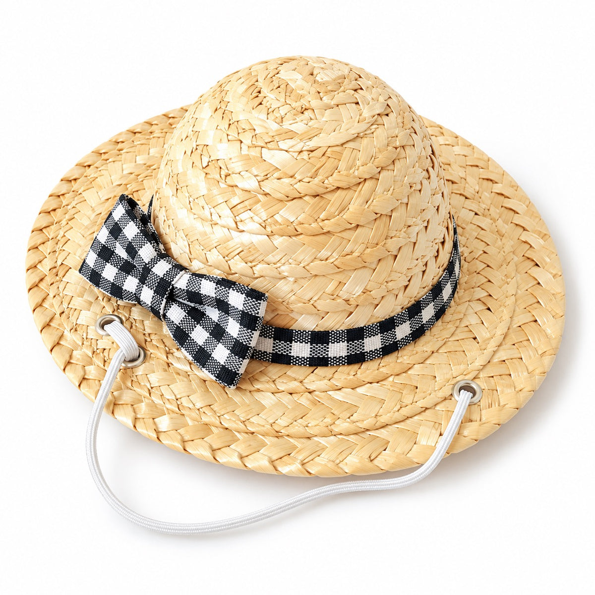 Gingham Straw Hat for Dog Photos - Black Gingham
