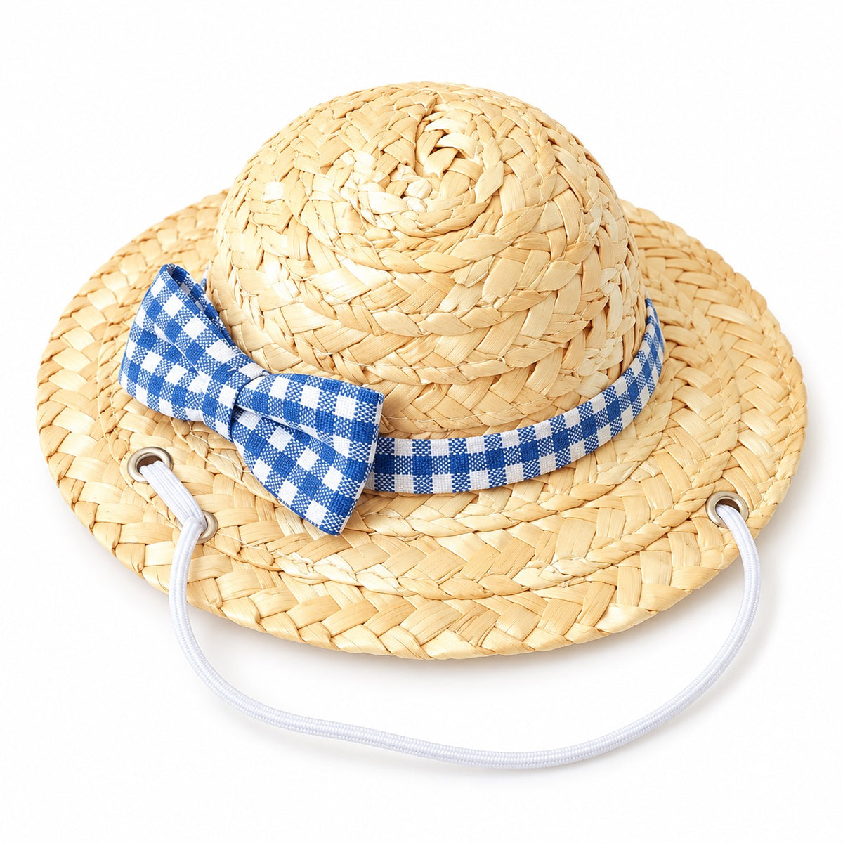 Gingham Straw Hat for Dog Photos - Blue Gingham