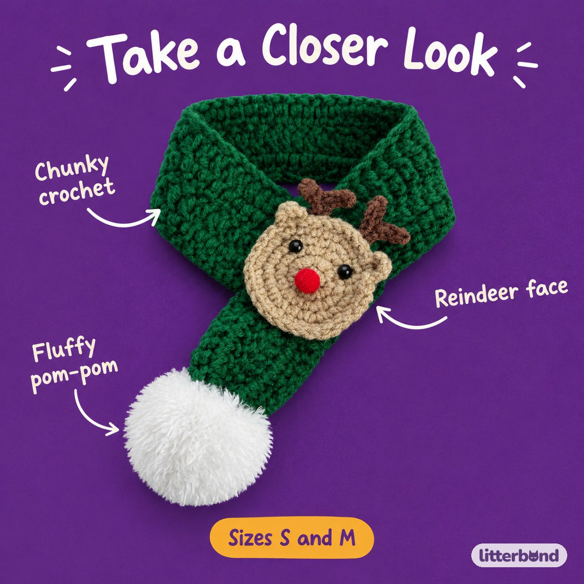 Reindeer Crochet Scarf - close-up details