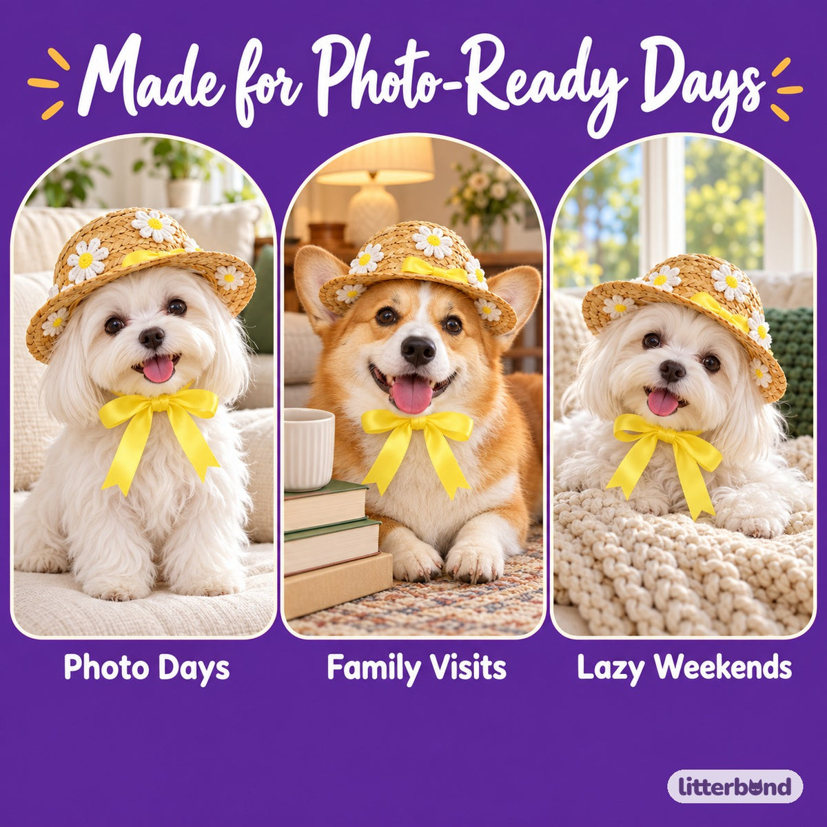 Daisy & Cherry Hat for Photos on a cat at home