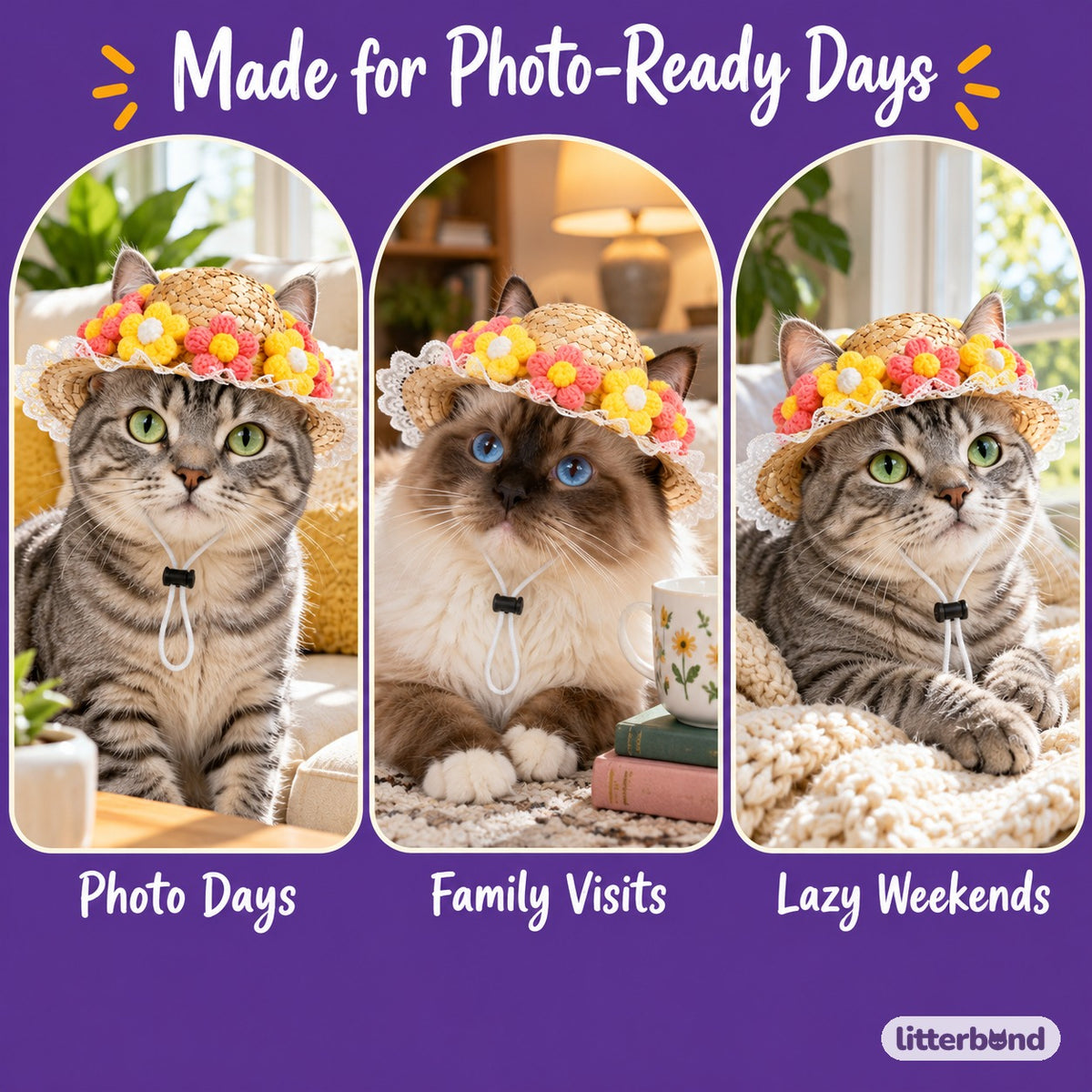 Crochet Flower Hat for Photos on a cat at home