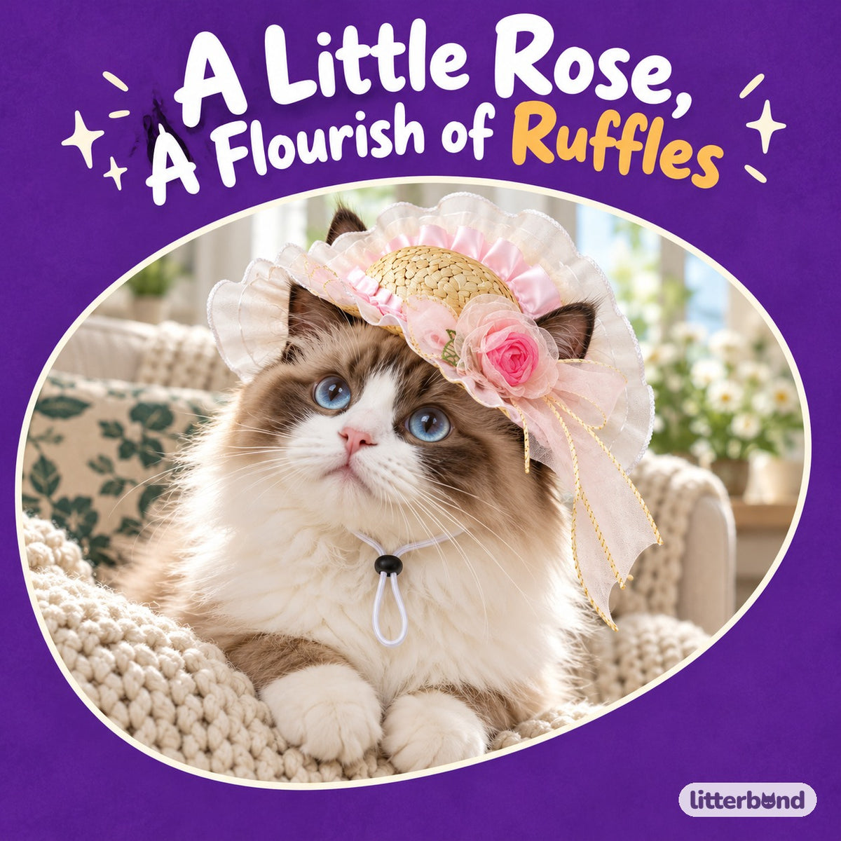 Rose Ruffle Straw Hat for Photos on a cat