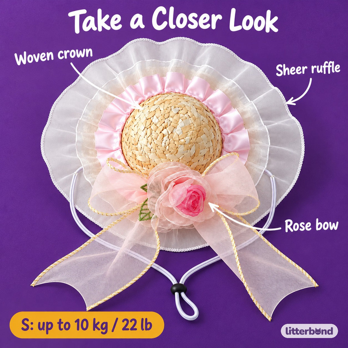 Rose Ruffle Straw Hat for Photos - close-up details