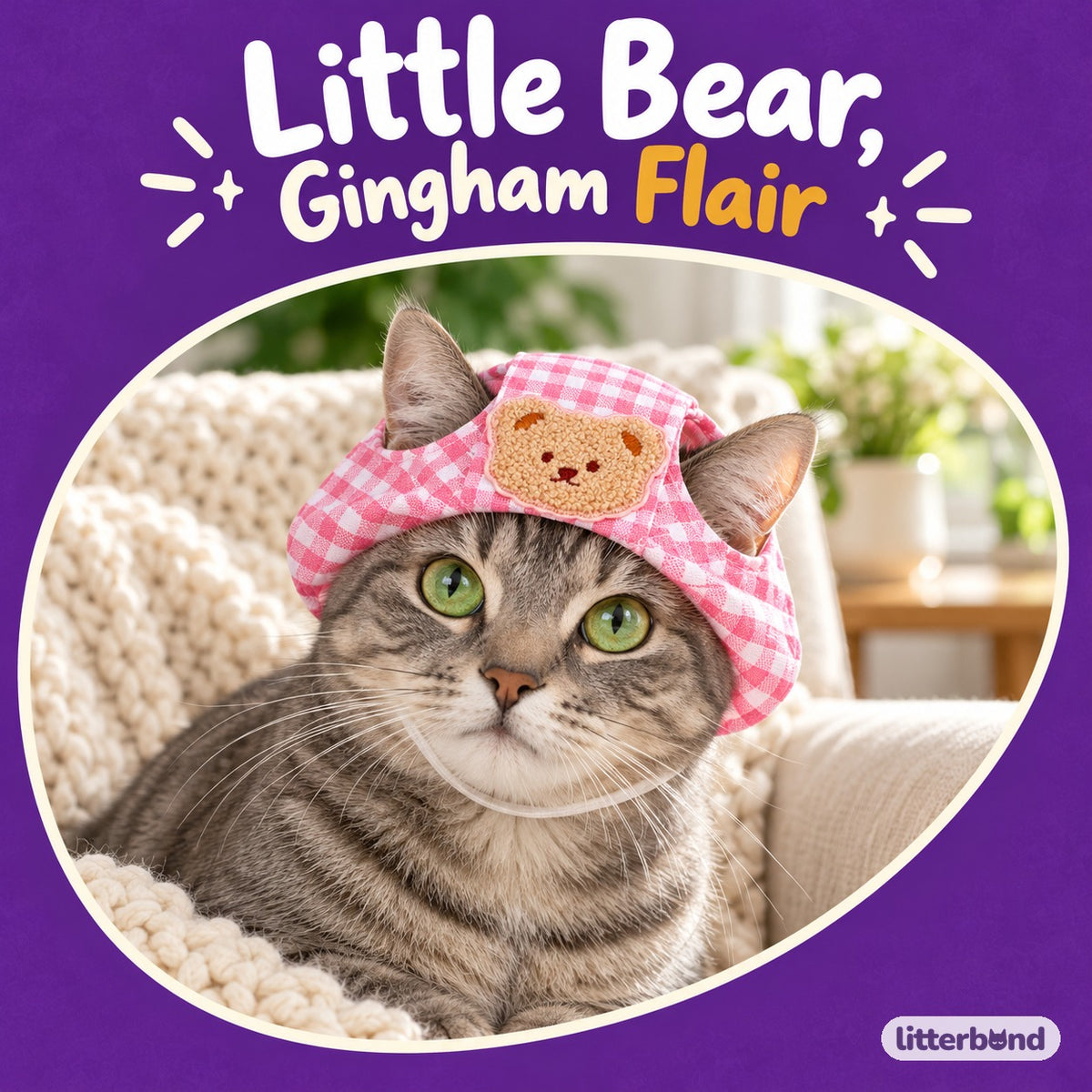 Gingham Bear Hat for Photos on a cat