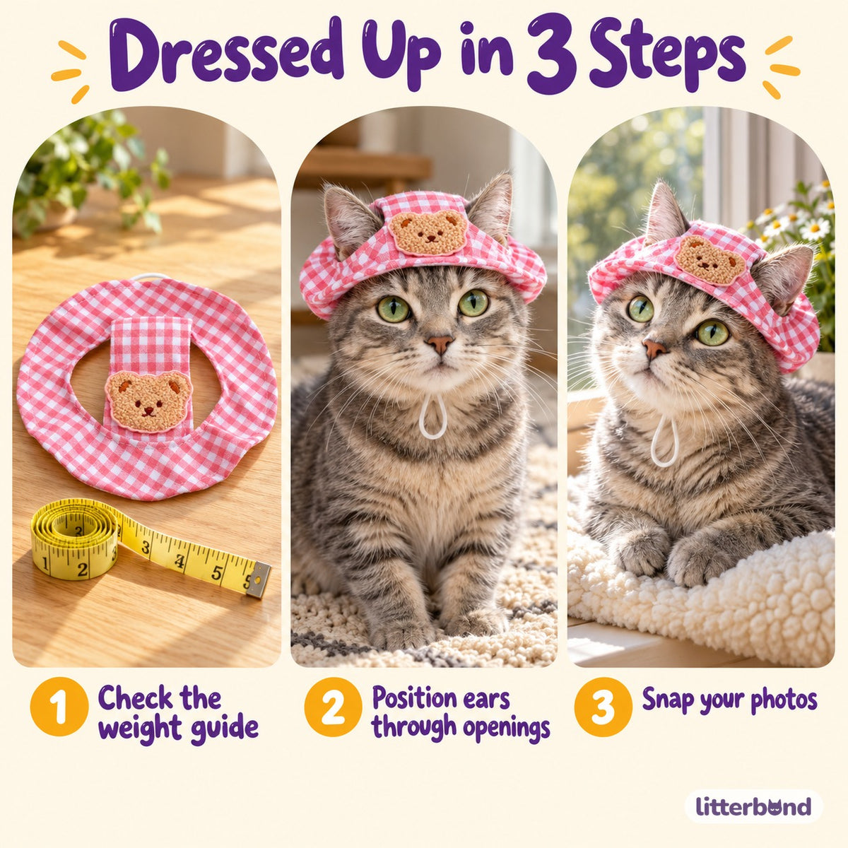 Gingham Bear Hat for Photos - how to put it on